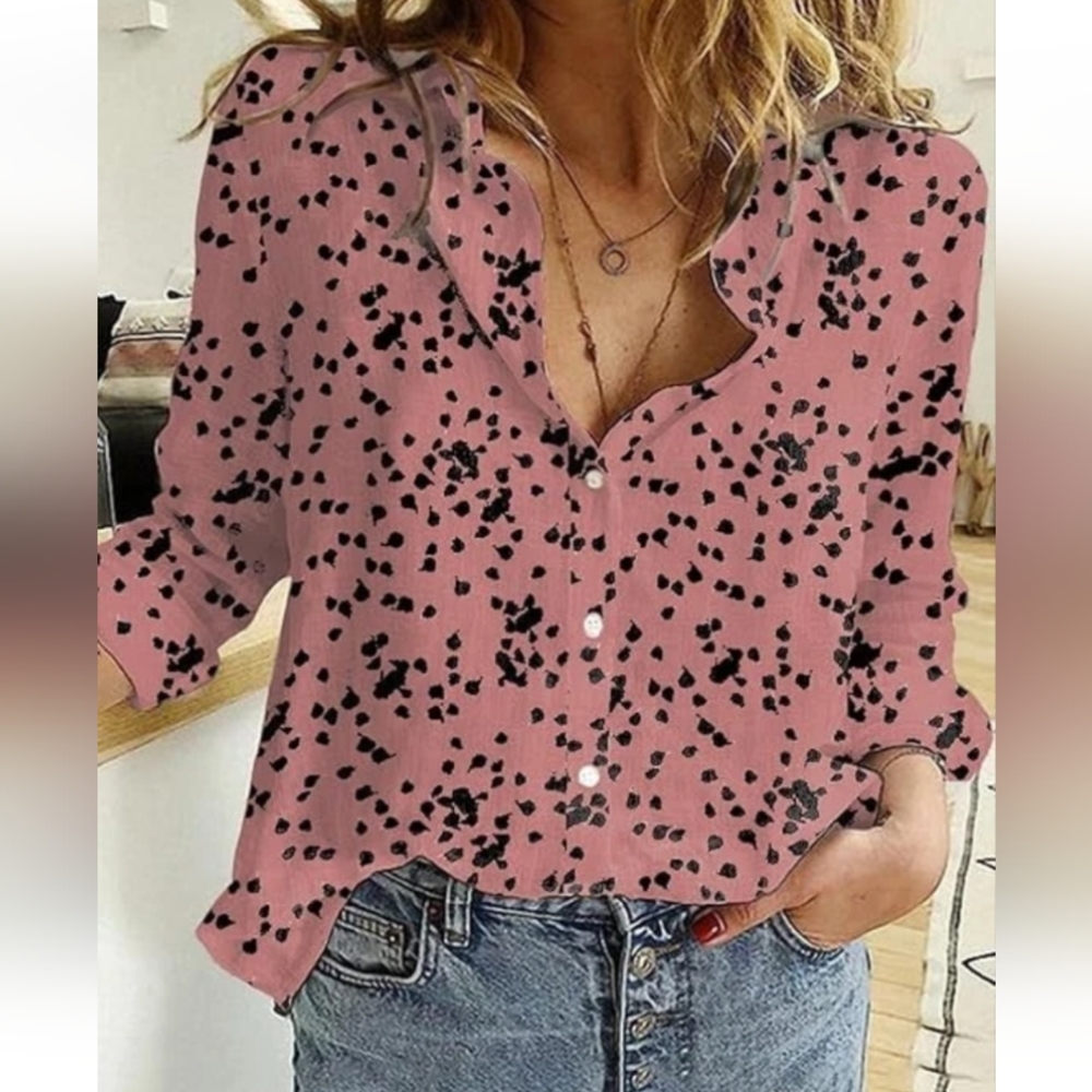 Women's Size L Casual V Neck Floral Print Roll Up Sleeve Button Down Pink/Black